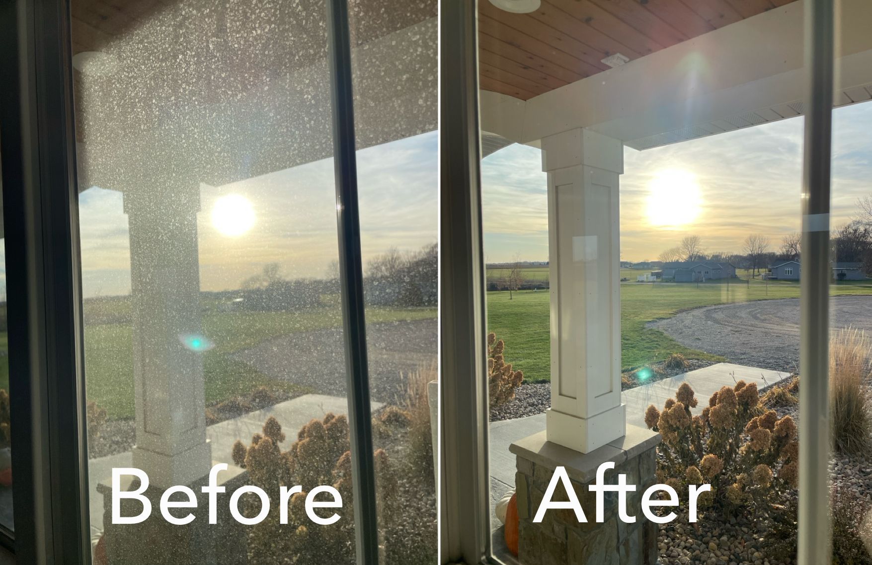 A before and after picture of a screened in porch.