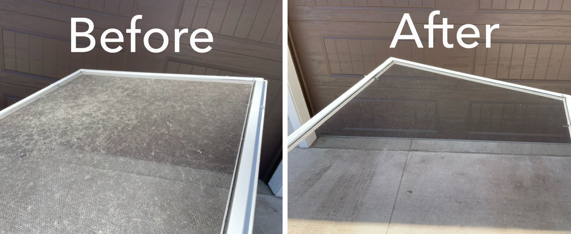 A before and after picture of a screen door.