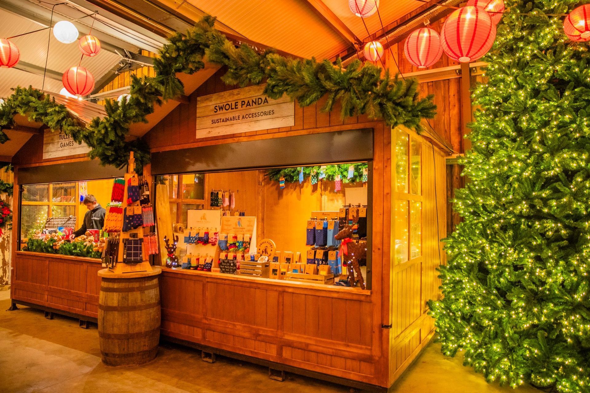 A wooden building with a sign that says ' christmas market ' on it