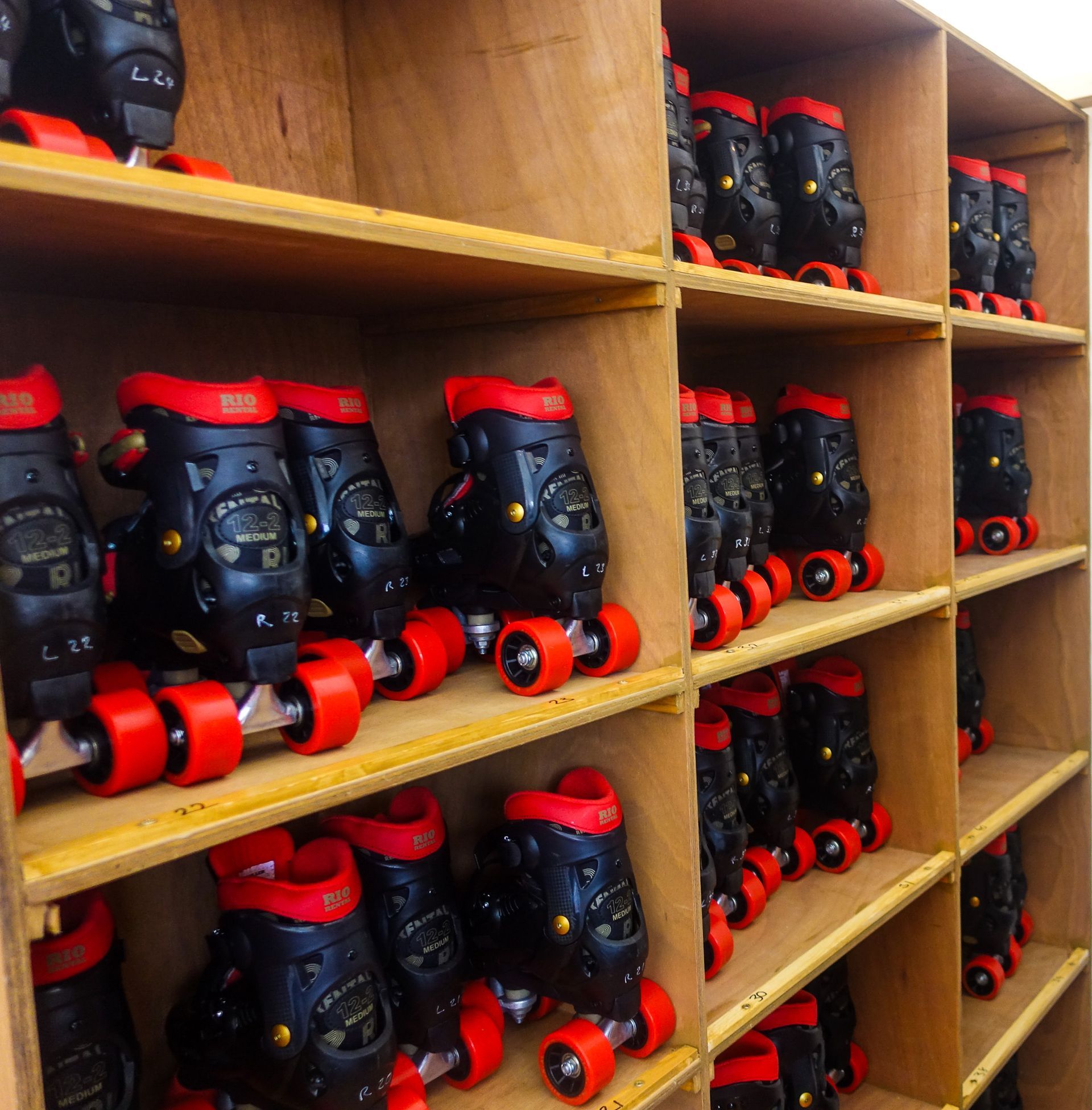 A bunch of roller skates are lined up on shelves