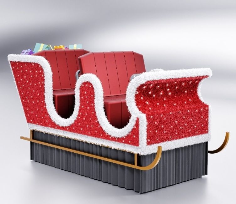 A red and white sleigh with gifts in it