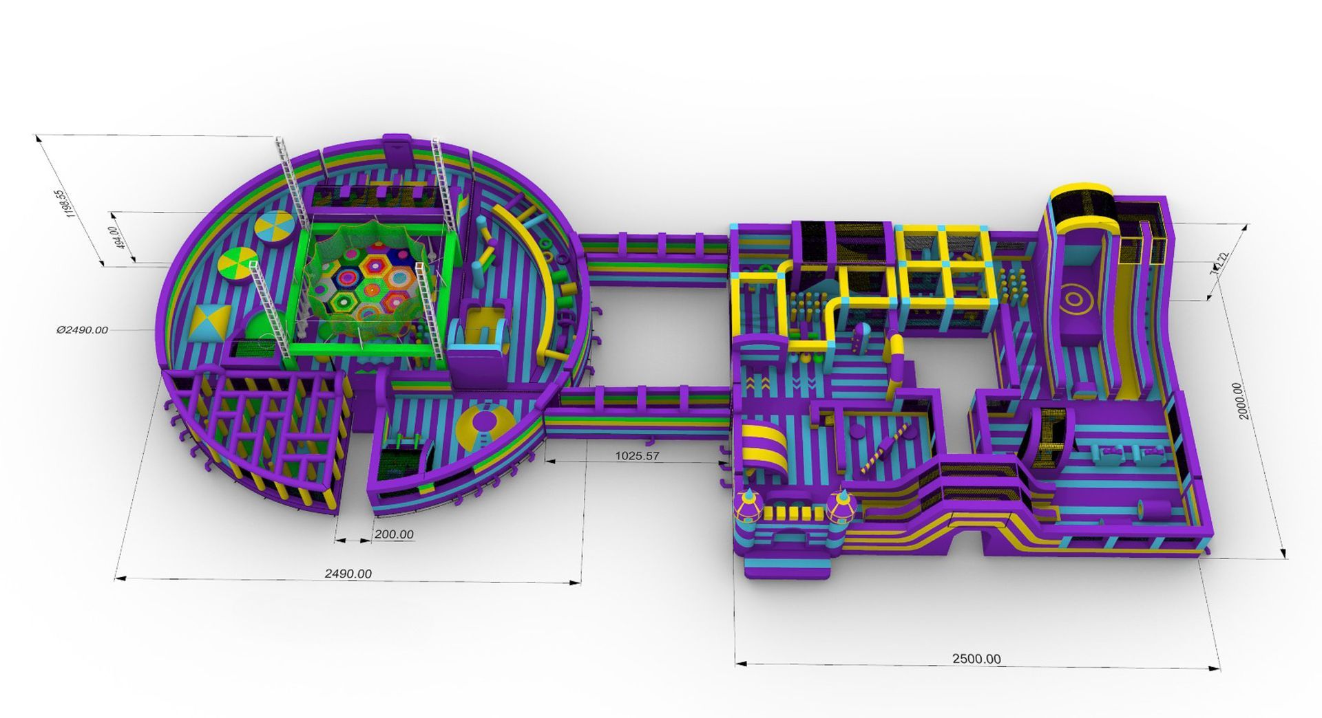 An aerial view of a colorful playground on a white background