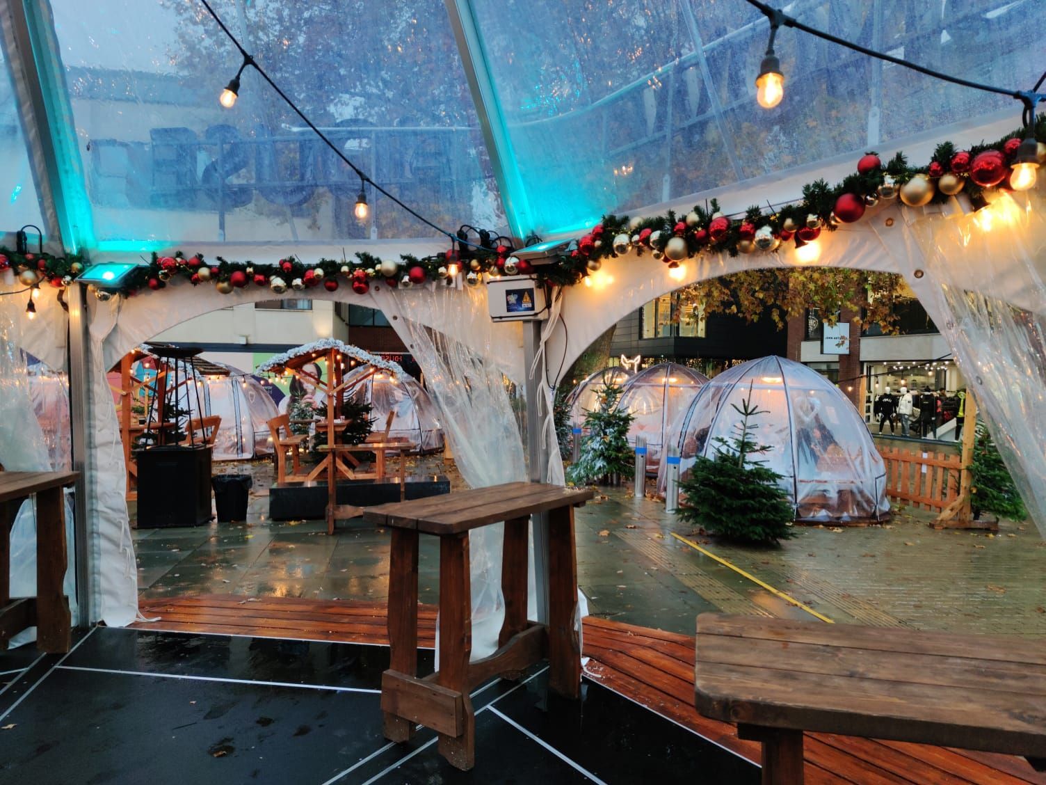 A clear tent with christmas decorations hanging from it