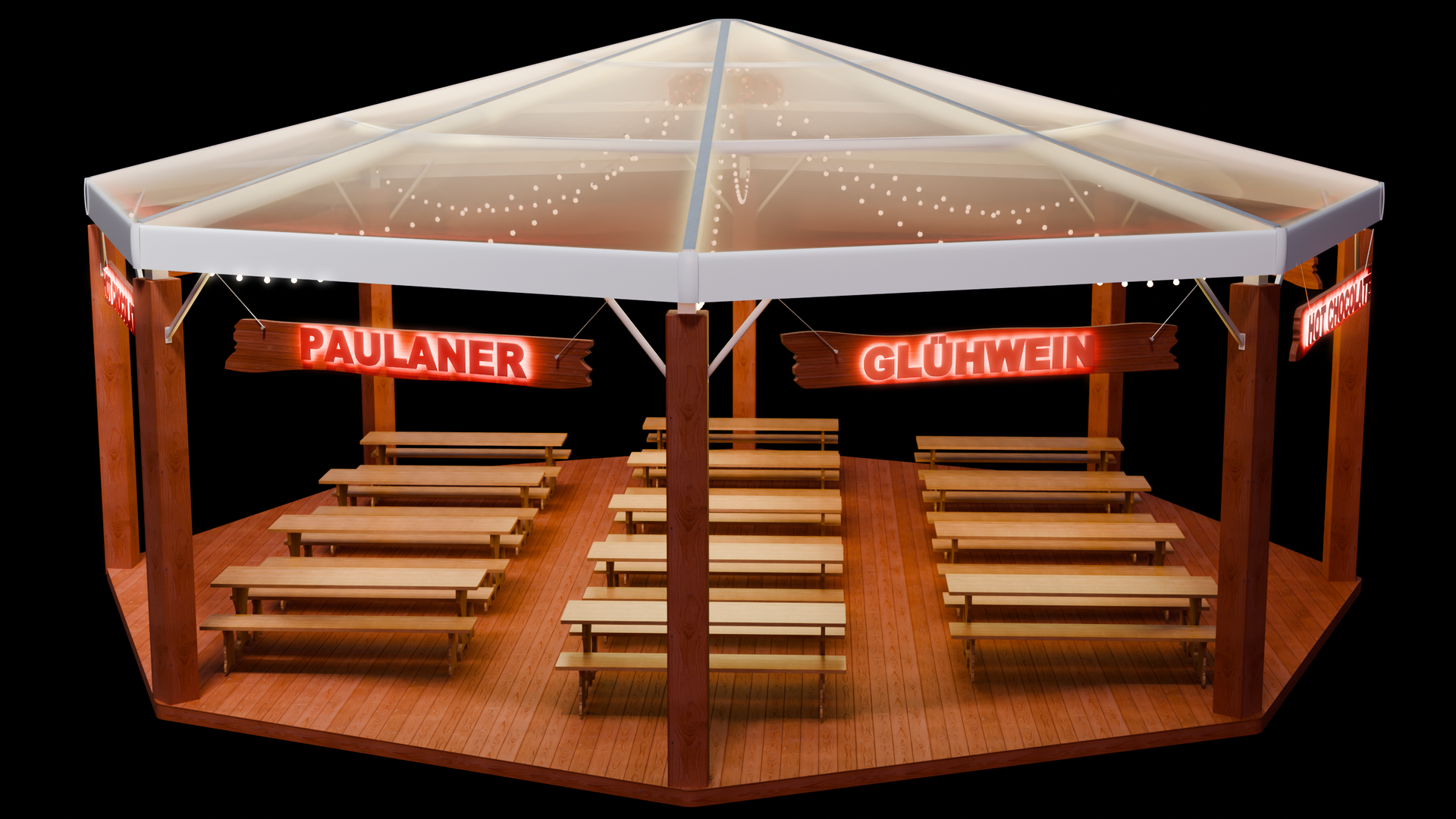 A clear tent with a sign