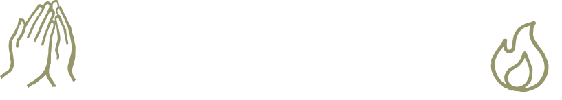 Praying hands icon on the left and a flame icon on the right, both in pale olive green.