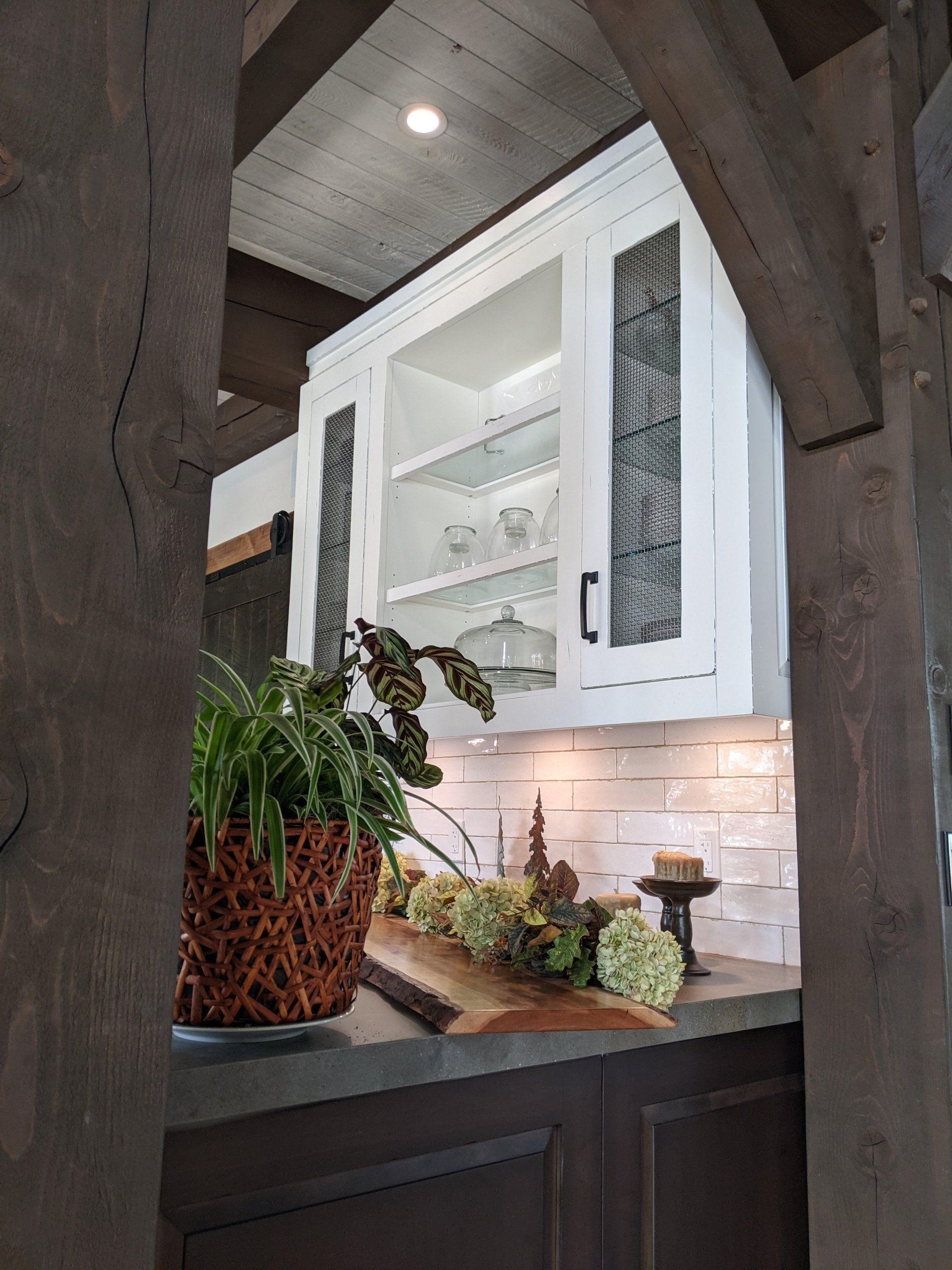A kitchen with white cabinets and a potted plant on the counter