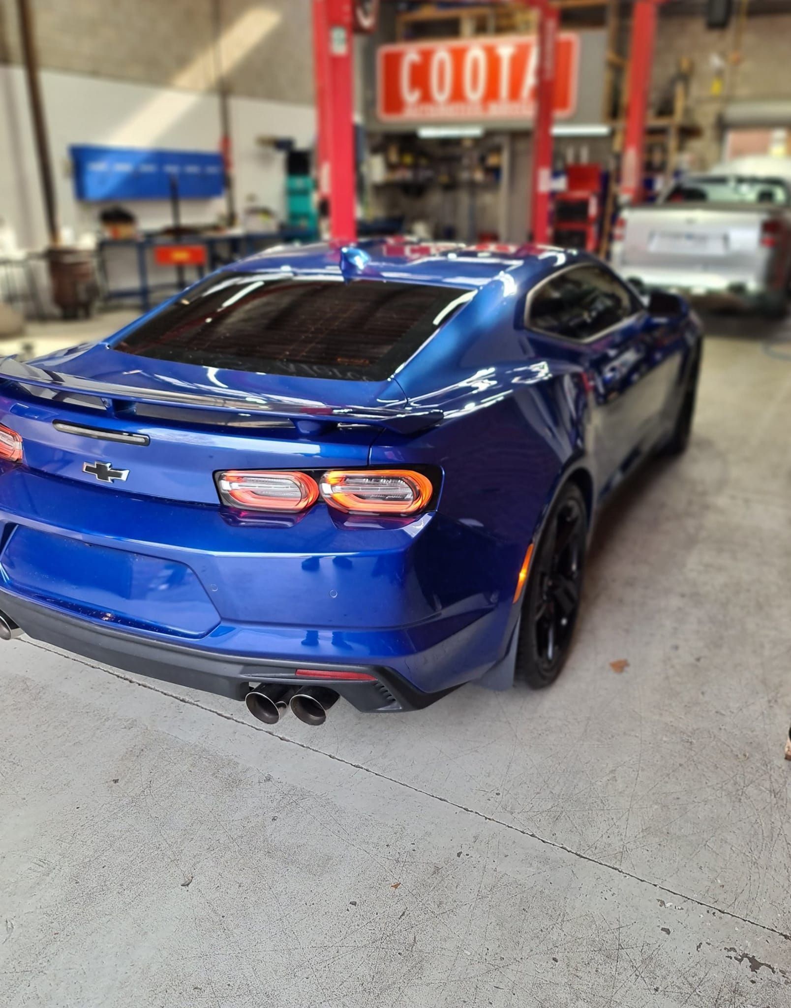 Blue Chevrolet Camaro in a Mechanic Shop — COOTA Automotive Services in Ballarat East, VIC
