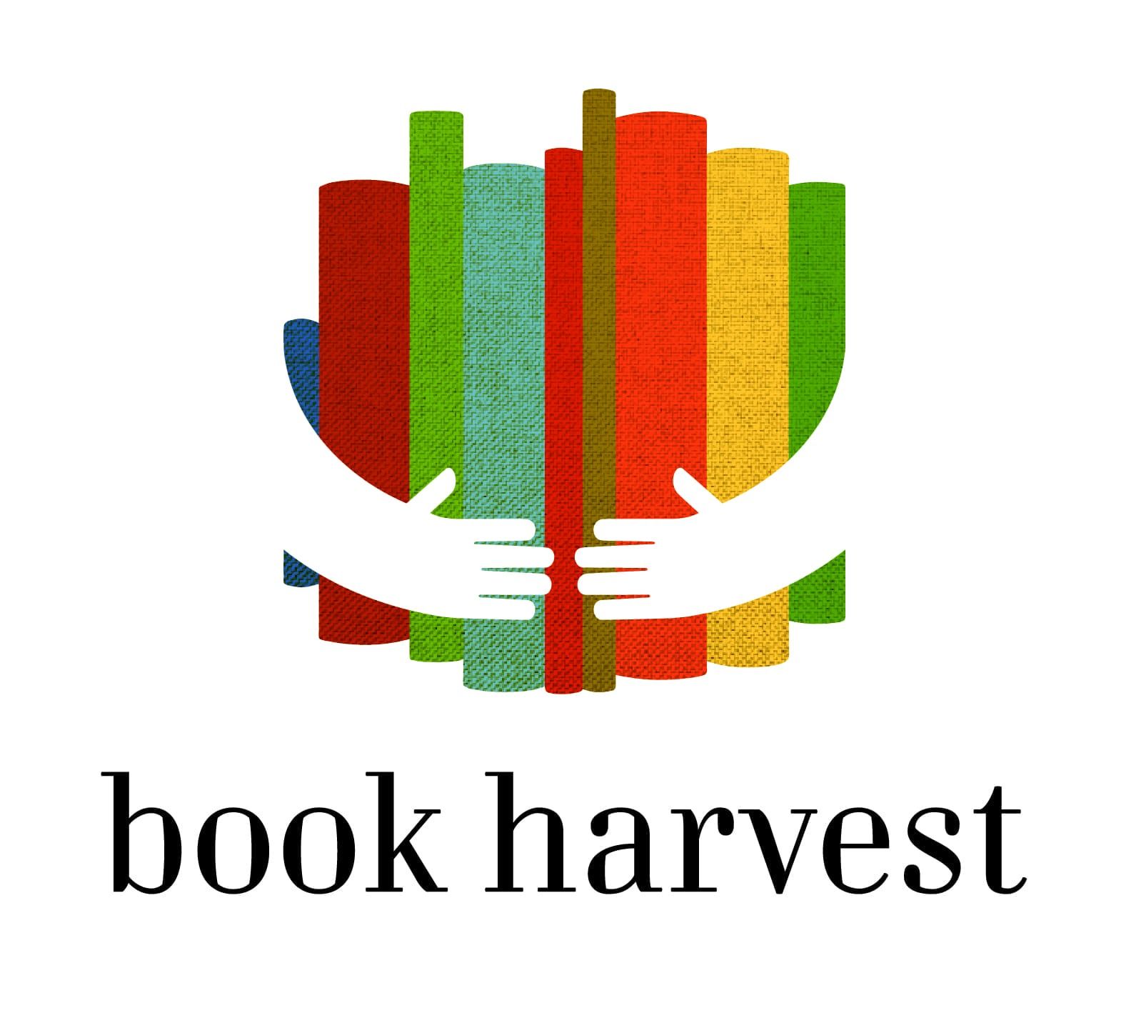 Logo of white hands embracing colorful books, 