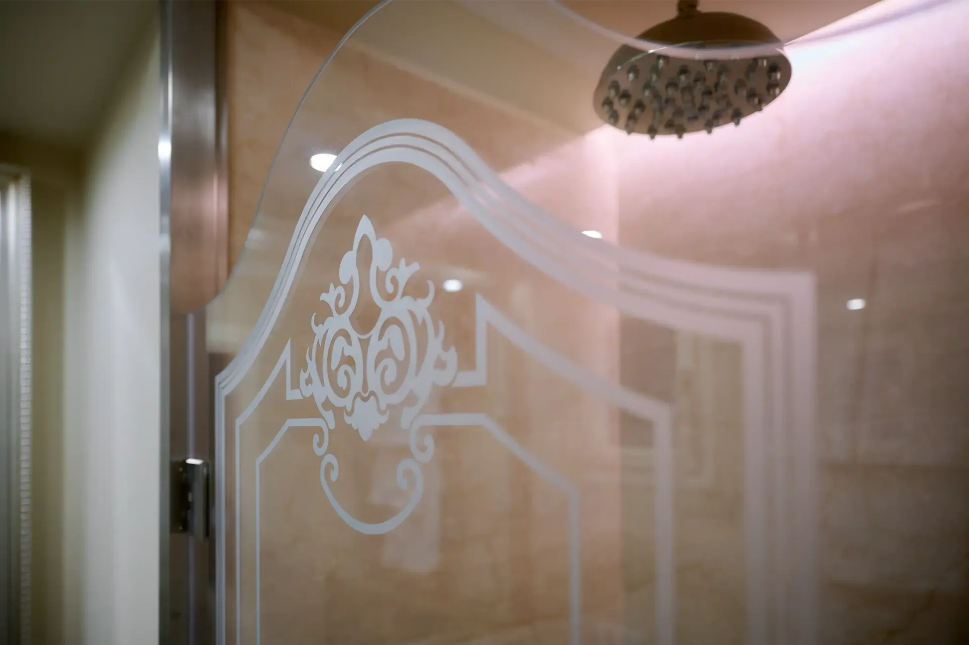 A close up of a shower door with a shower head in the background.