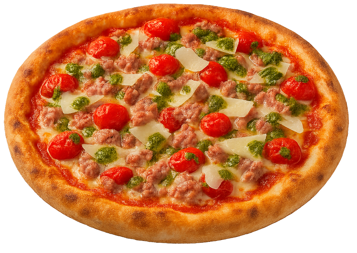 Pizza con pomodori rossi, salsiccia, pesto e formaggio.