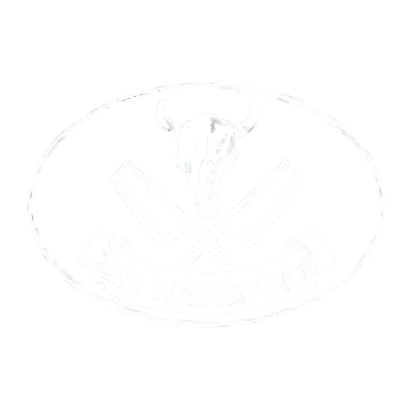 Grafica ovale sbiadita e delineata con un teschio di toro e fucili incrociati.