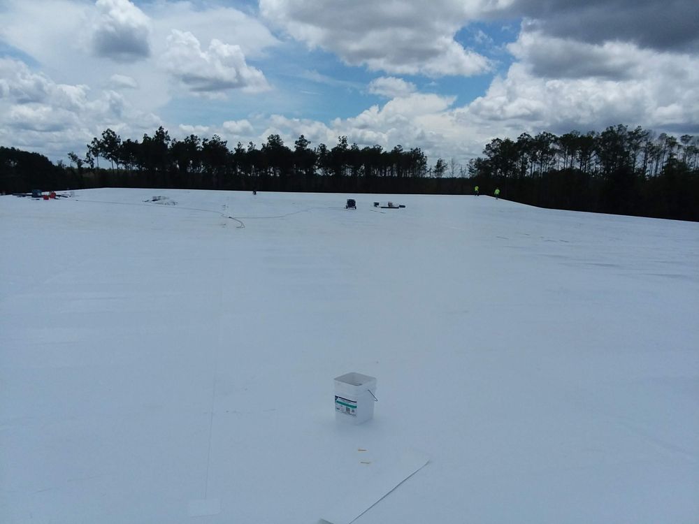 White fabric covers a wide field, a few small objects, trees in the background, blue sky with clouds.