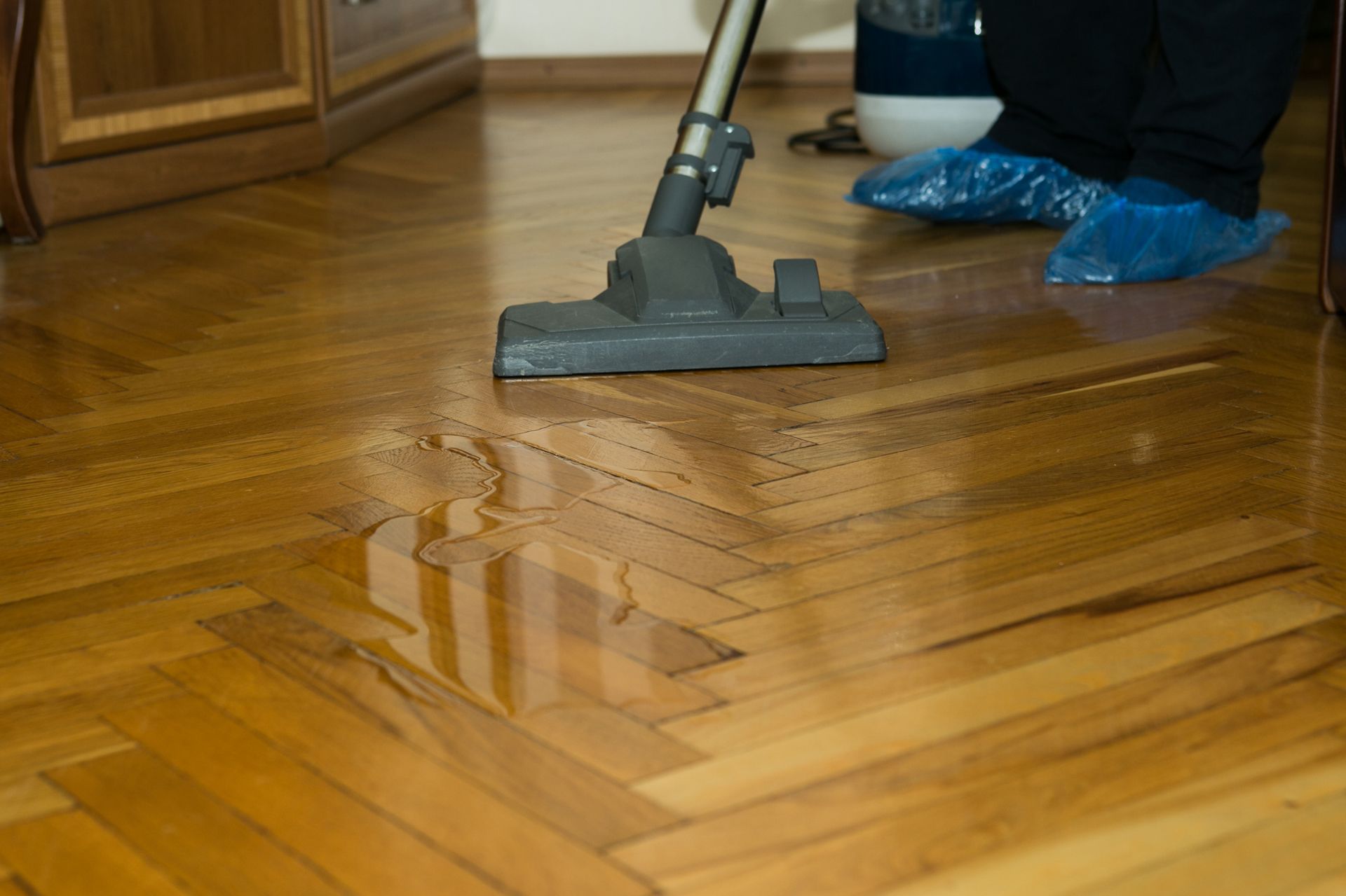 Person cleaning a shiny, dark floor with a machine in a hallway.