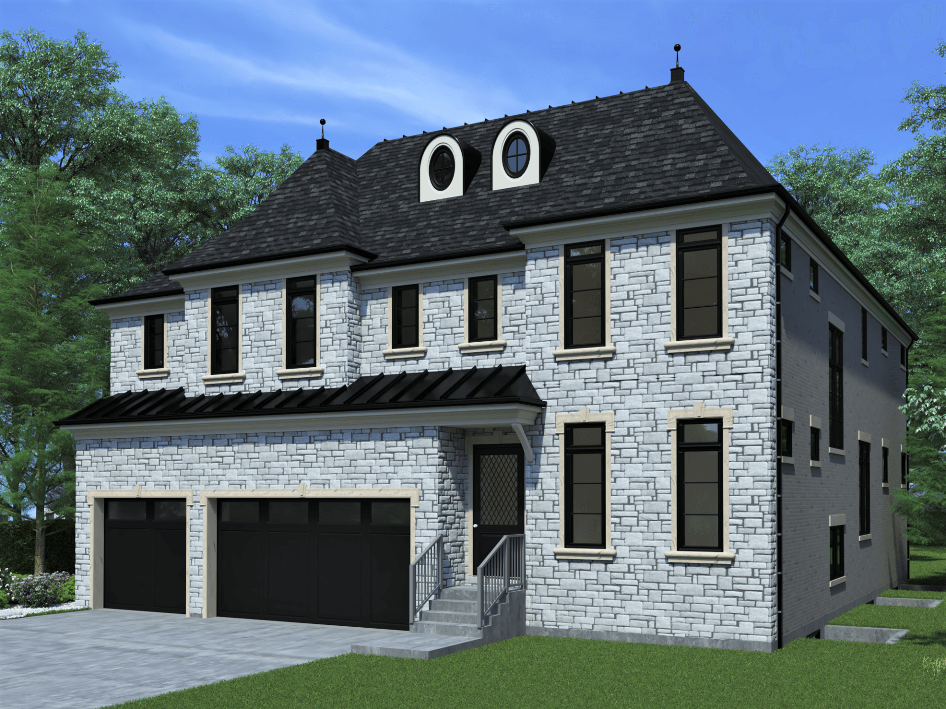 A large white brick house with a black roof