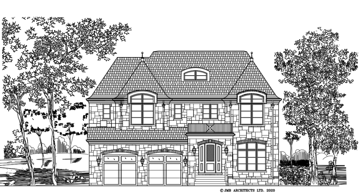 A black and white drawing of a house with trees in front of it.