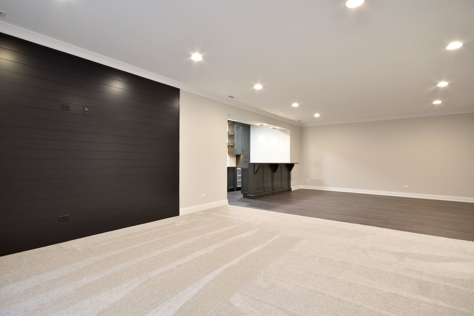 An empty basement with a black wall and a white carpet.