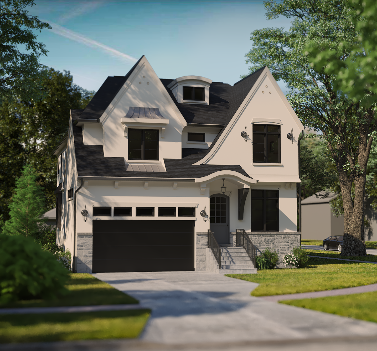 A large white house with a black garage door