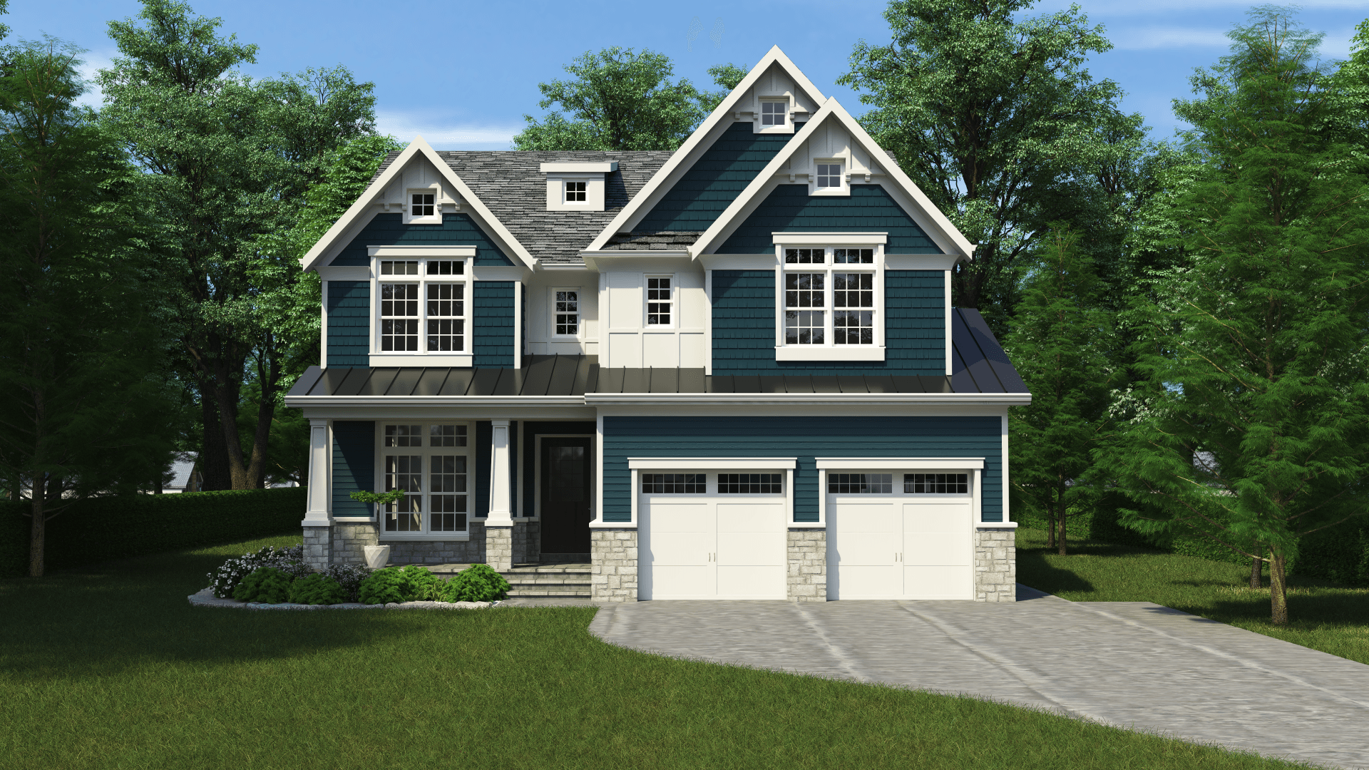 A blue and white house with two garage doors