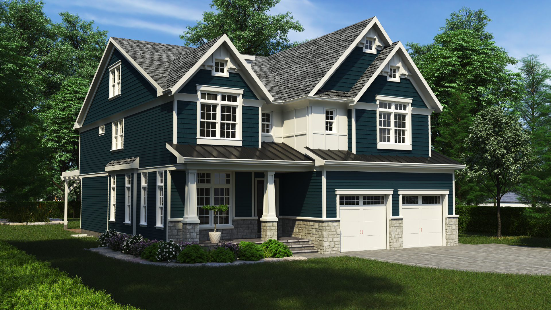 A large house with blue siding and white trim