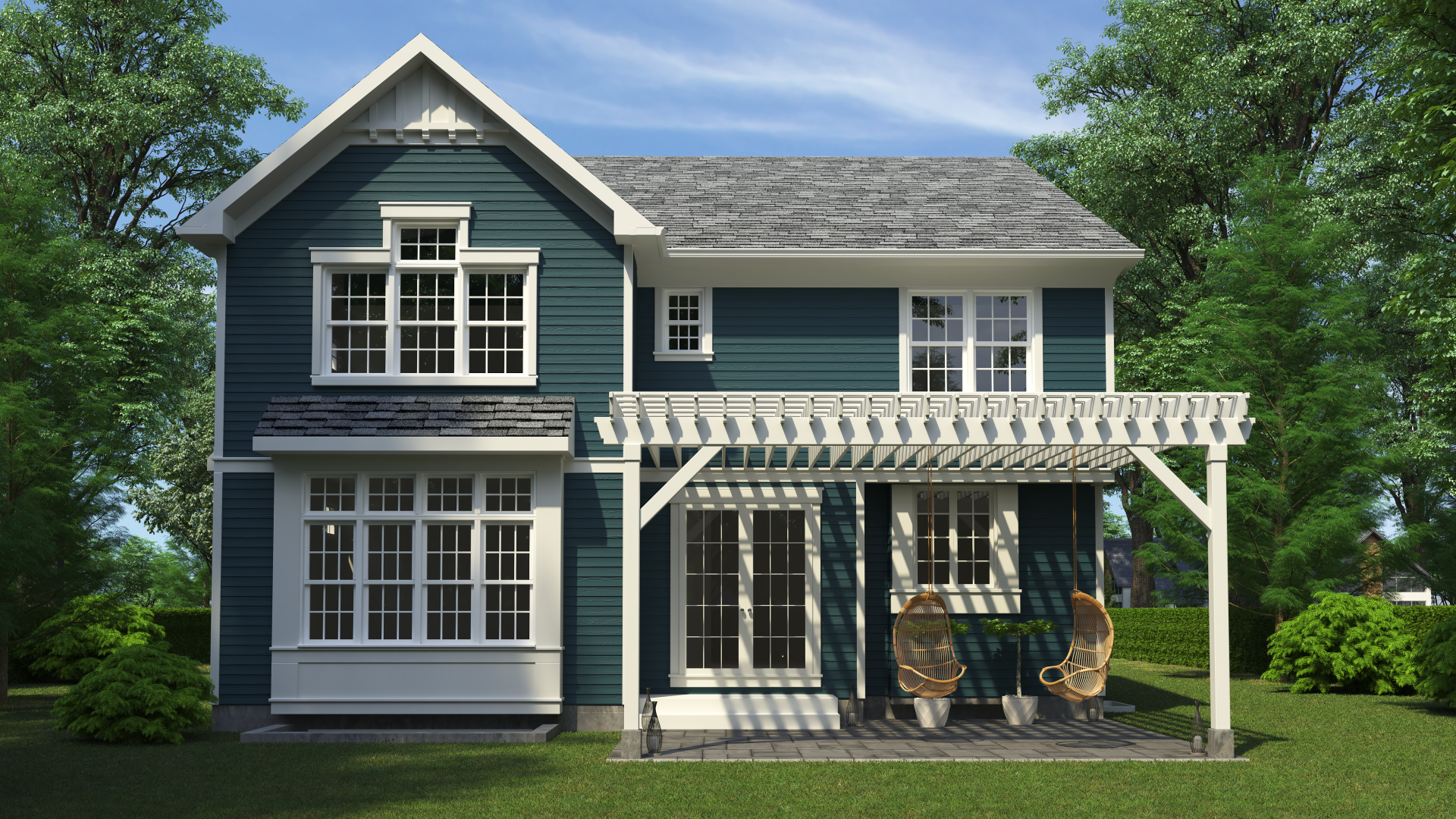 A blue and white house with a porch and a pergola