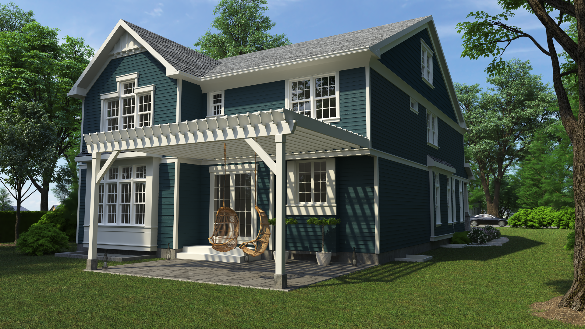 A blue house with a white pergola on the porch