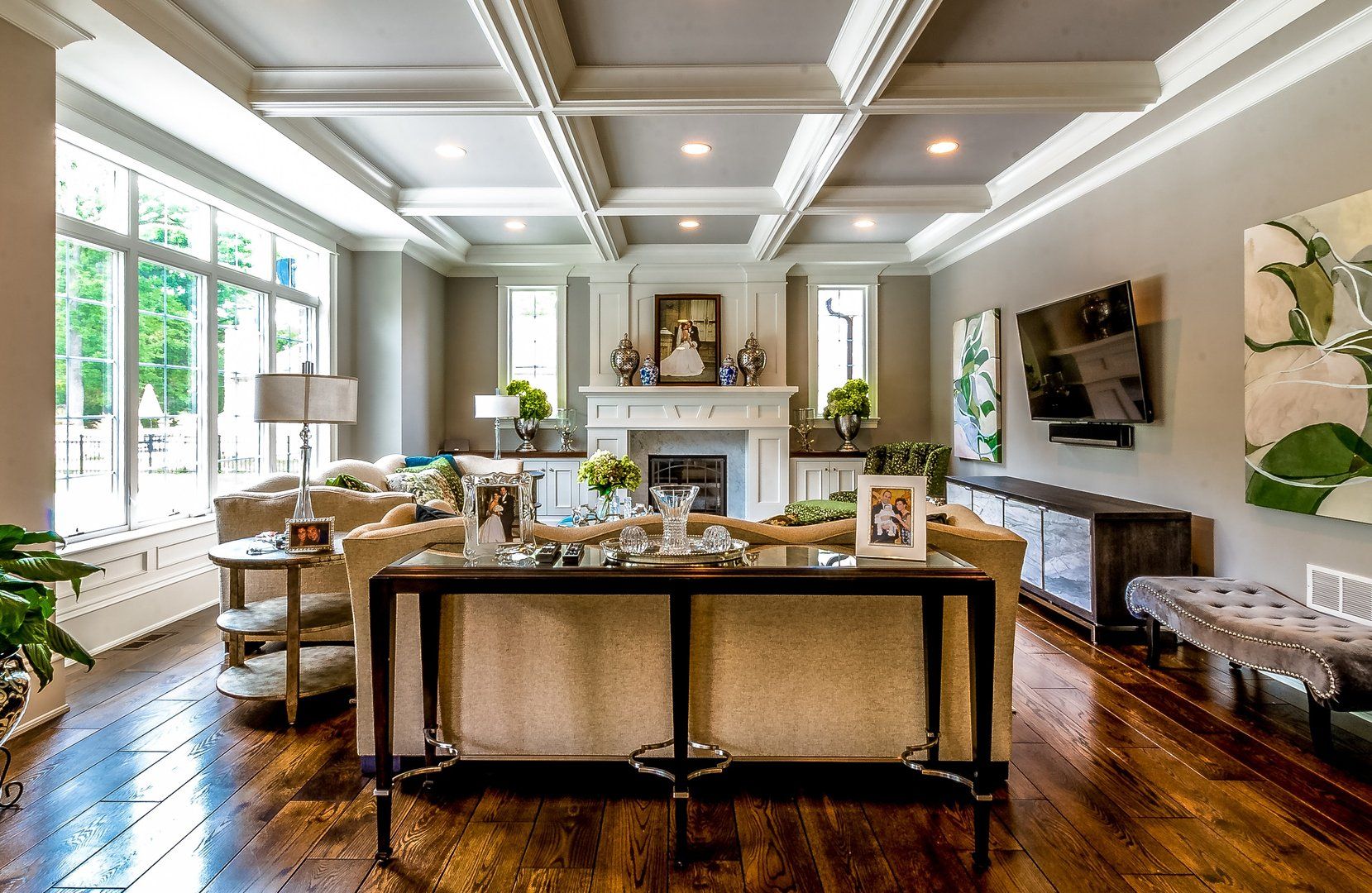 A living room filled with furniture and a fireplace.