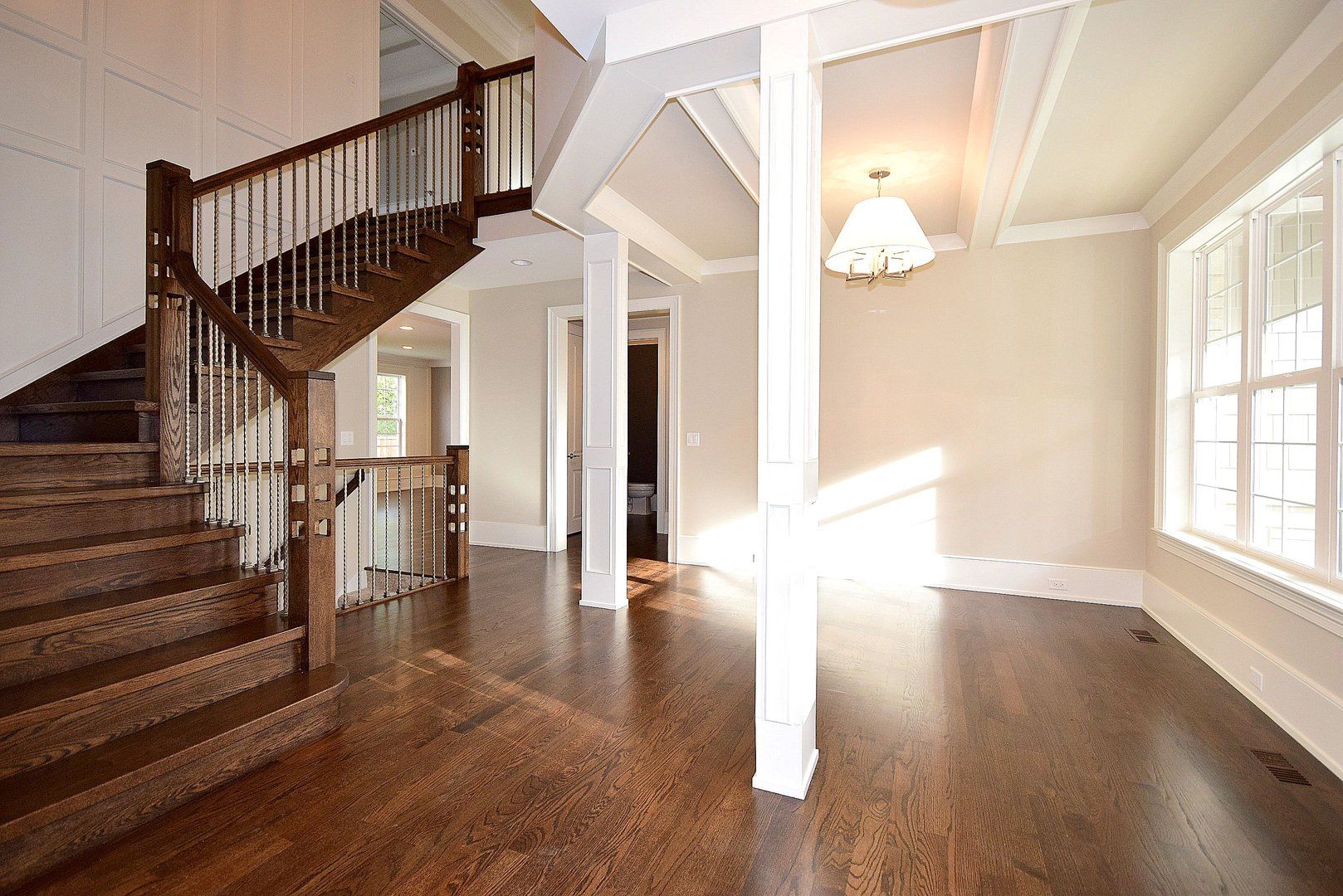 There is a staircase in the middle of the room.