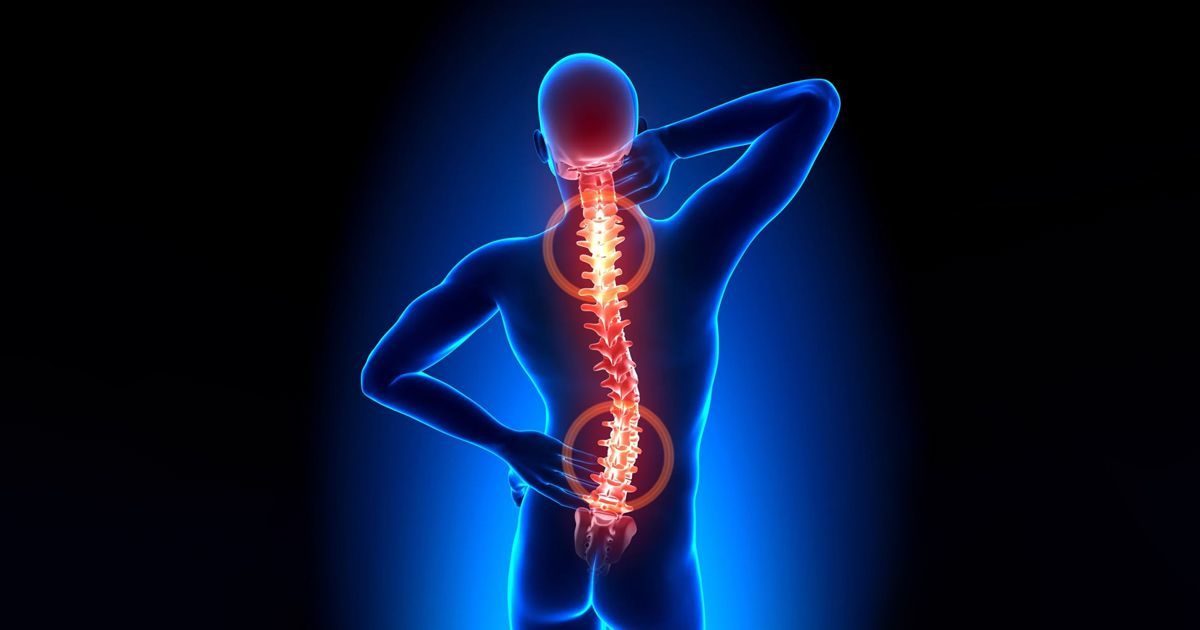 Blue anatomical illustration of a person with highlighted red spine, neck, and lower back indicating pain.