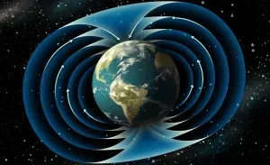Earth surrounded by blue magnetic field lines in space.