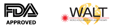 Logos for FDA (Approved) and WALT (World Association for Laser Therapy).