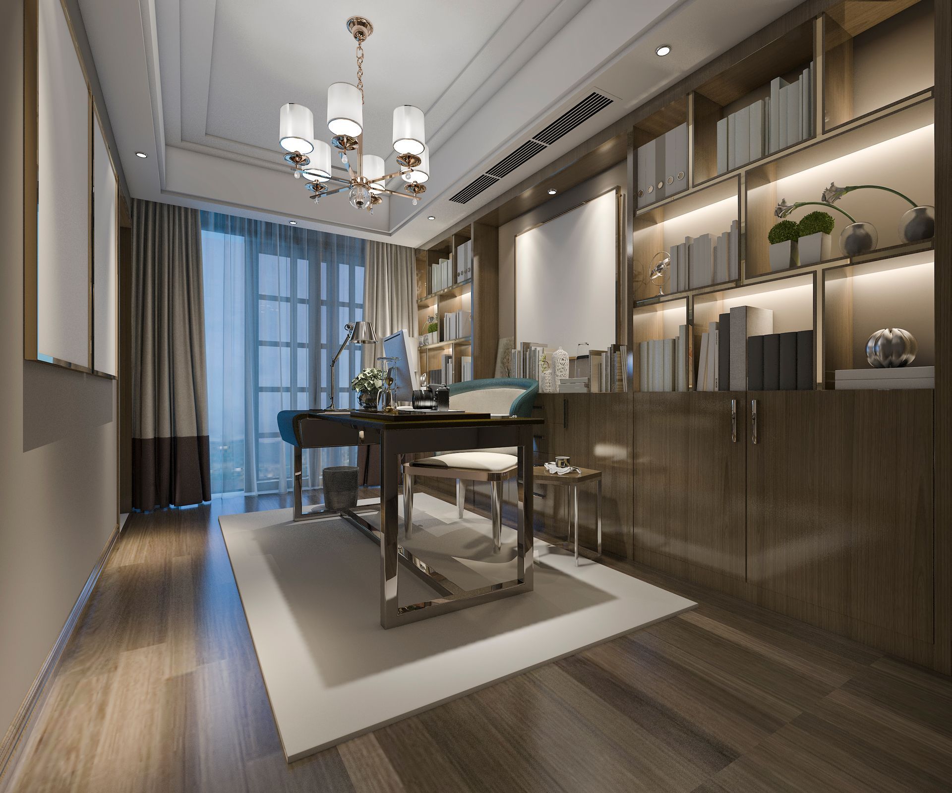 Home office with desk, bookshelves, and chandelier. Wooden floors, a rug, and large windows with curtains.