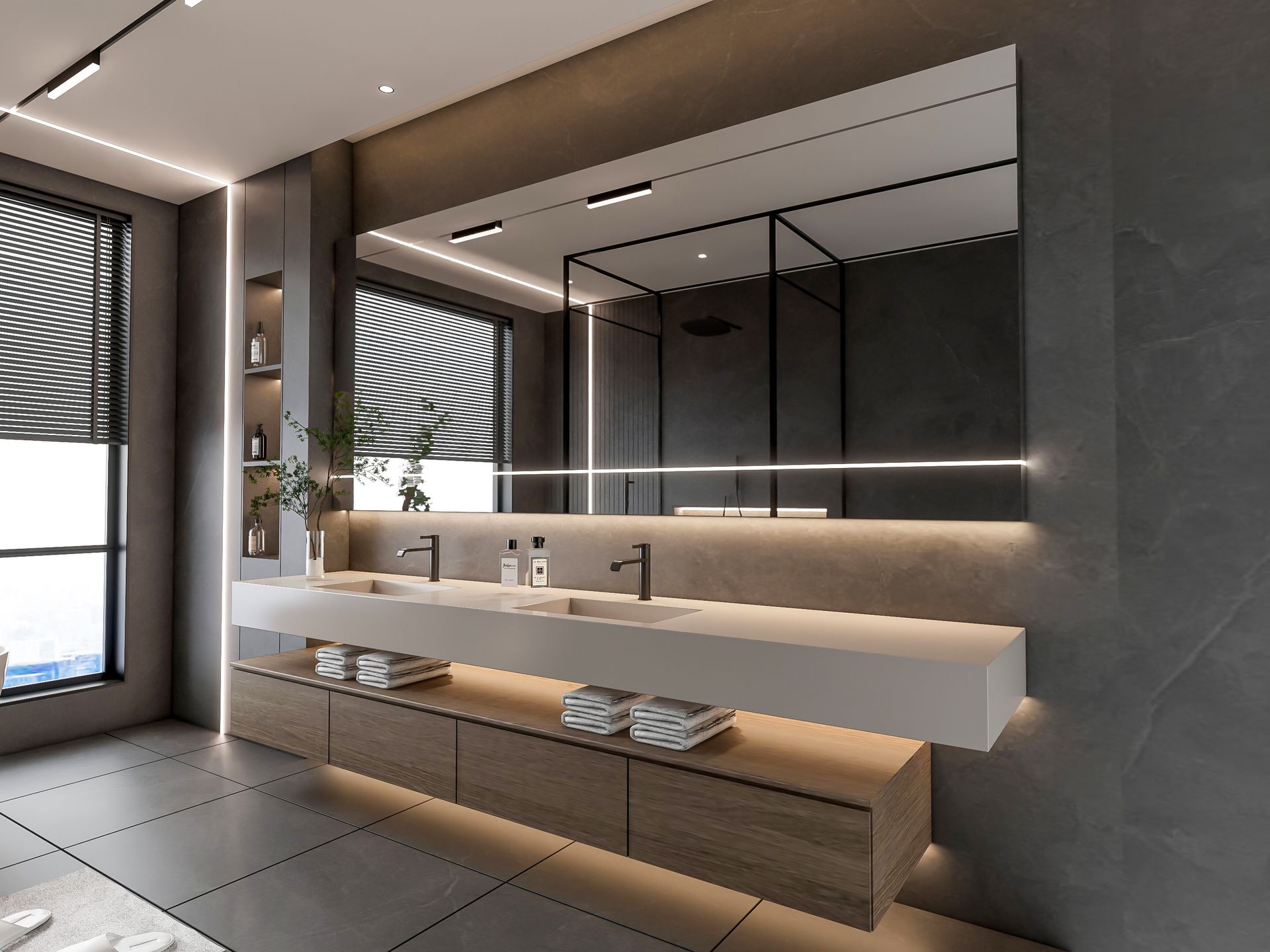 Modern bathroom with large mirror, double sinks, and wooden cabinetry; dark gray walls.
