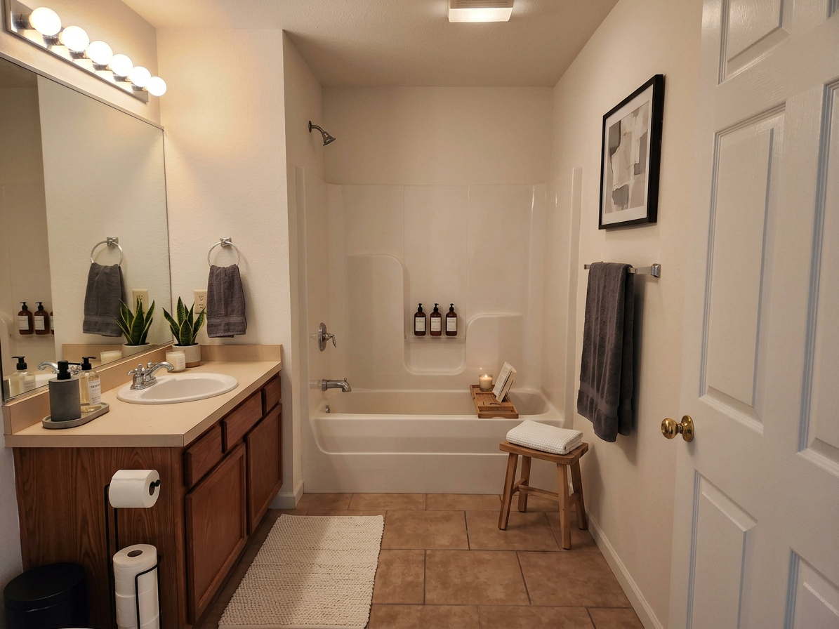 Bright bathroom with wooden vanity, large mirror, bathtub, towel rack, and beige tile flooring.