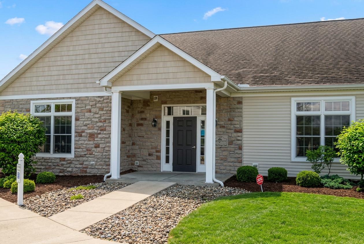 Single-story suburban house with brick and beige siding, front porch, walkway, and landscaped yard