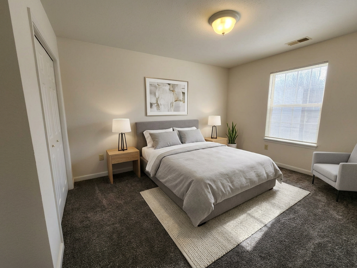 Bright bedroom with a neatly made bed, two bedside lamps, a window, and a chair on a dark carpeted floor.