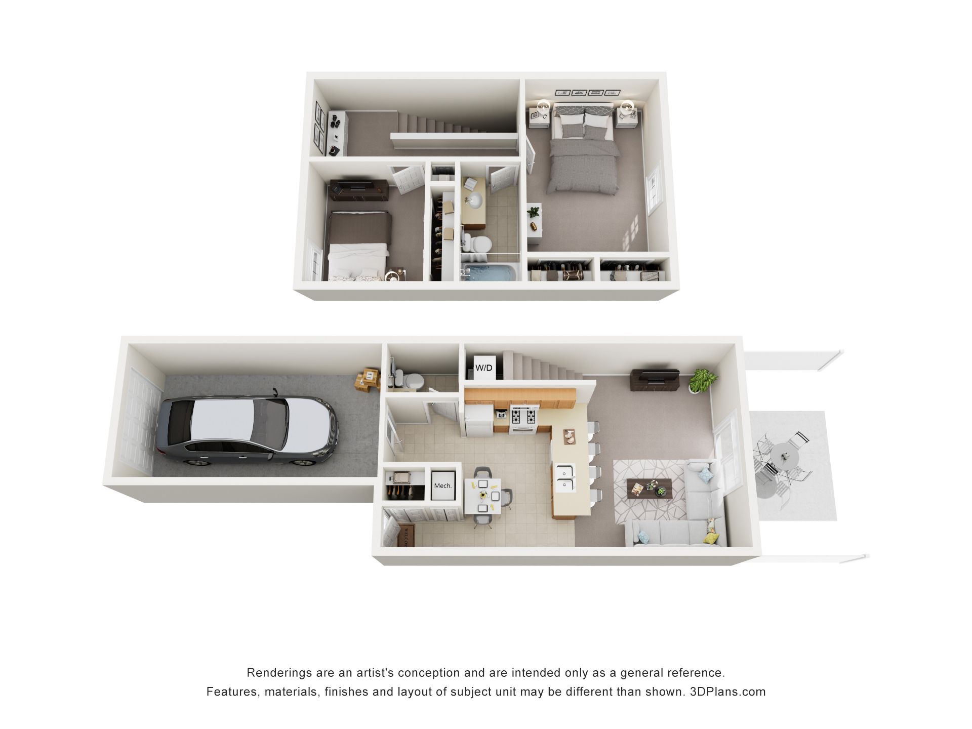 Floor plan of a 2-bedroom apartment. Includes living room, kitchen, dining area, and two bedrooms with bathrooms.
