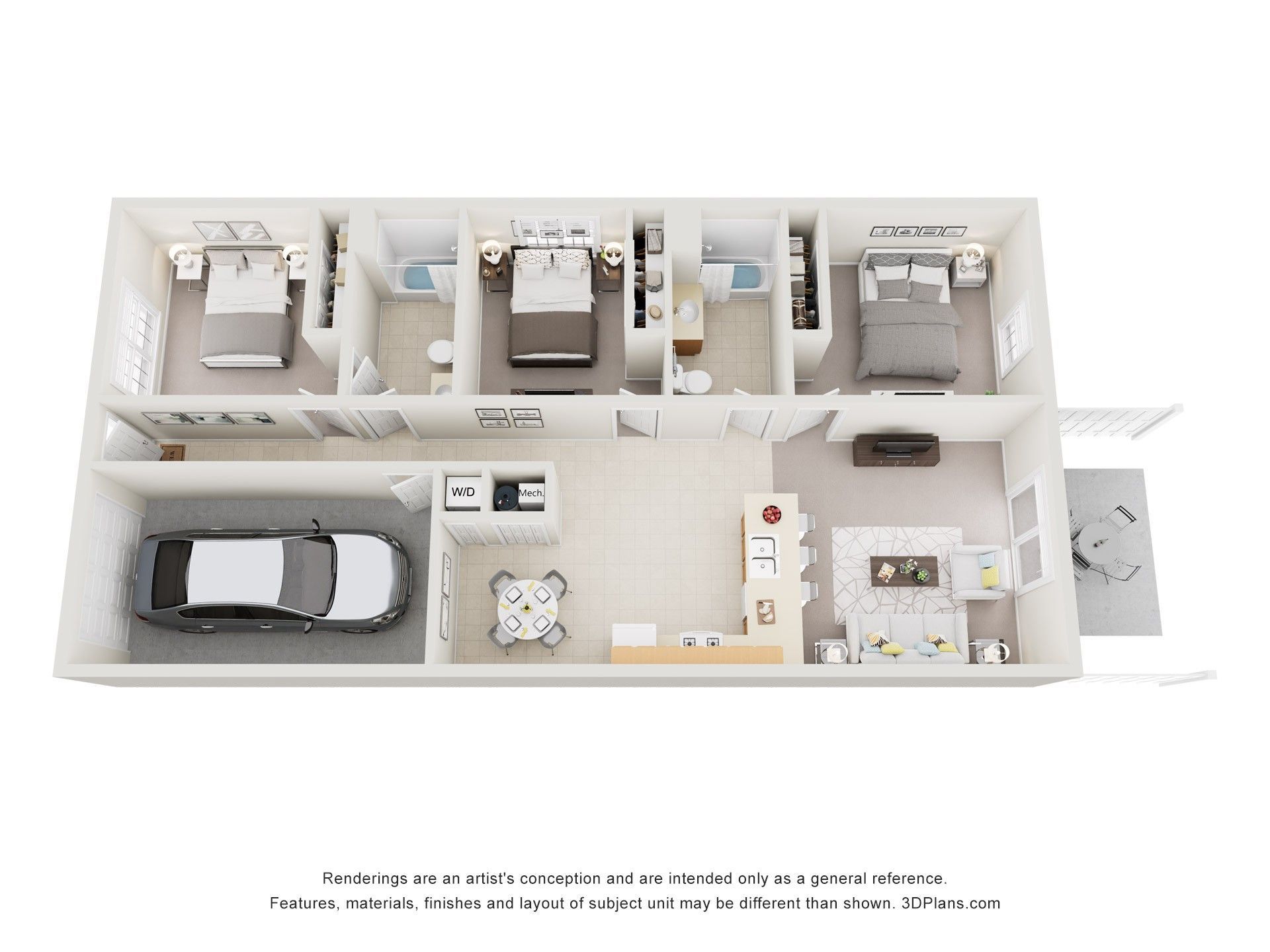Top-down floor plan of a modern 4-bedroom home with garage, kitchen, living room, and patio.