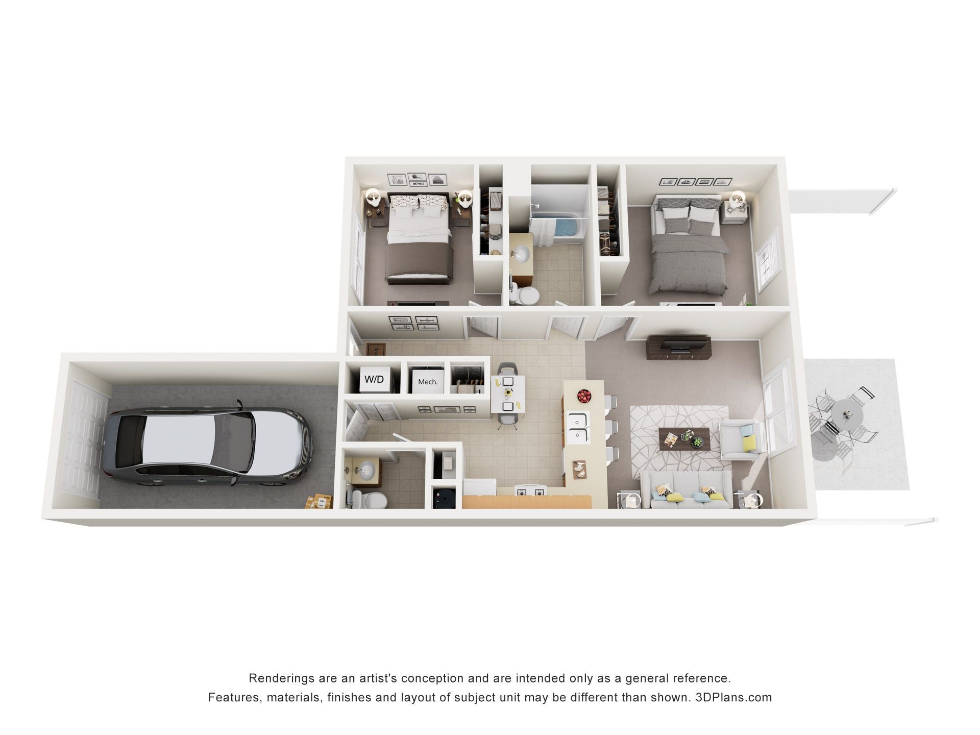 Floor plan of a two-bedroom apartment with a kitchen, living room, and two bathrooms.