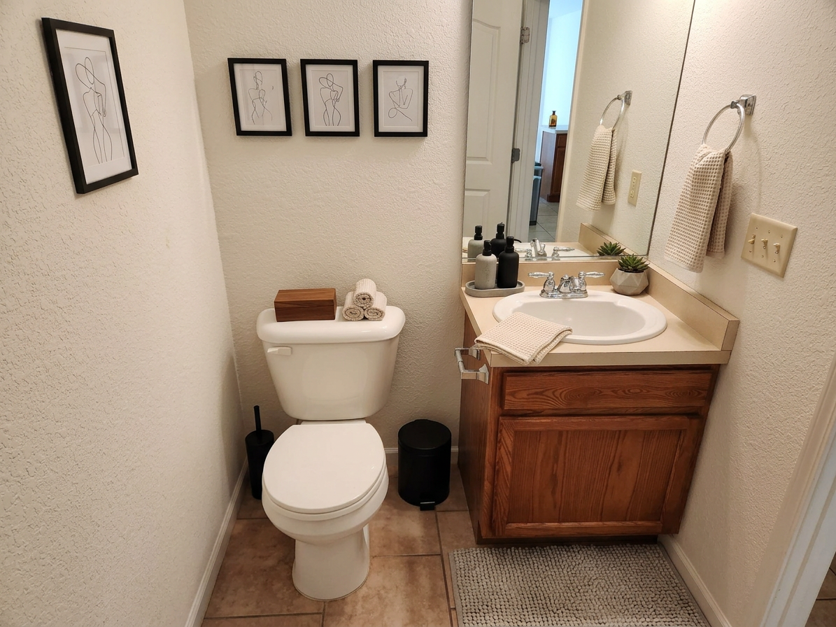 Small bathroom with toilet, sink vanity, mirror, and framed wall art.