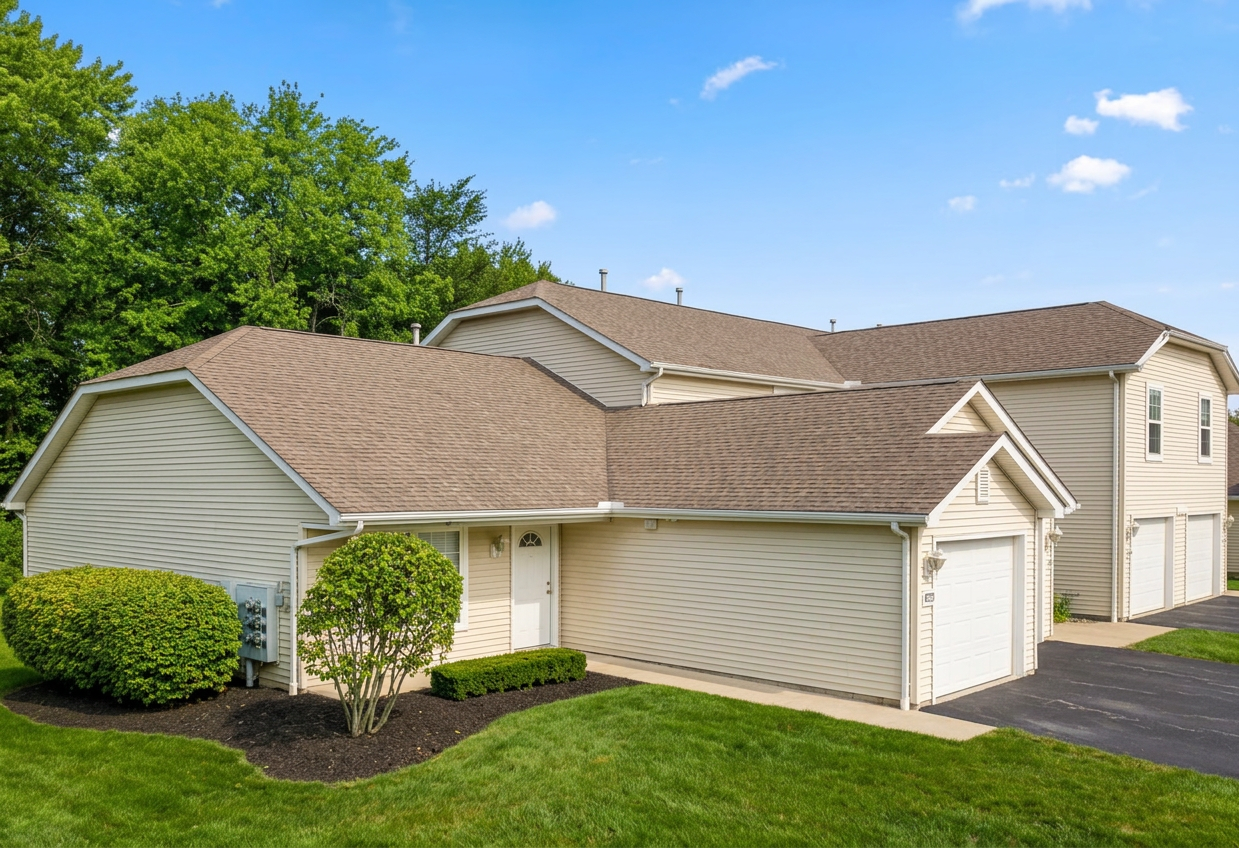 Suburban house with beige siding, brown roof, garage, and green lawn under a blue sky