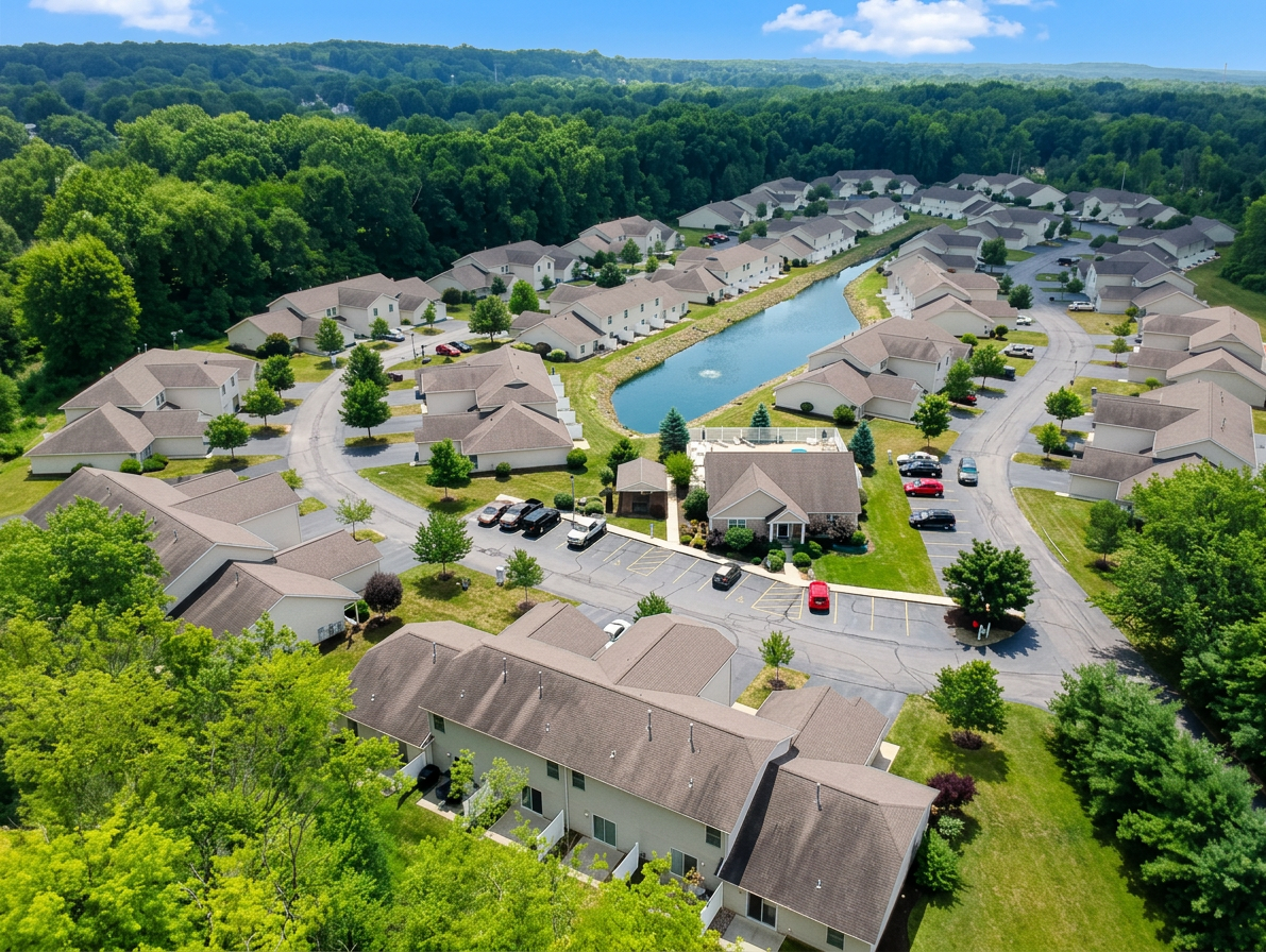 Aerial view of a suburban neighborhood with tan roofs, a curved pond, and dense green trees.