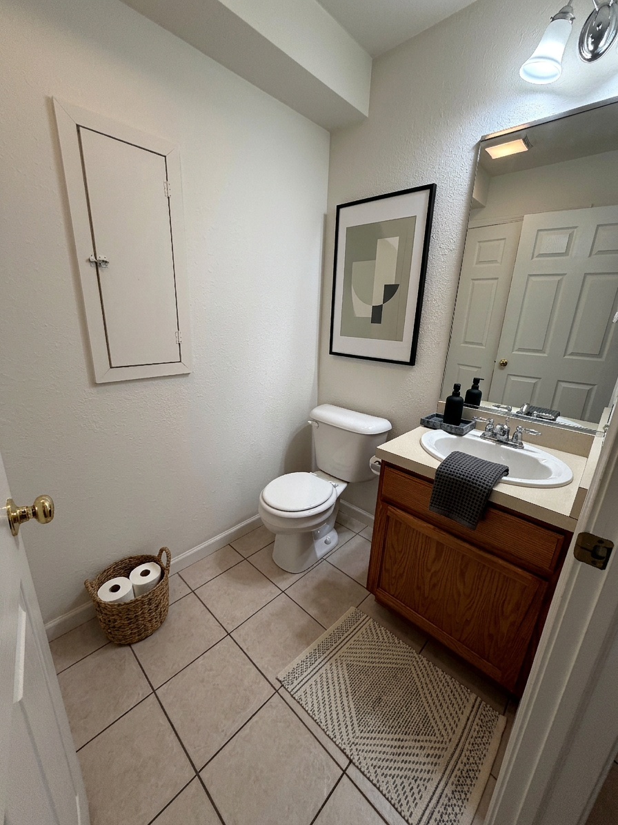 Small bathroom with white toilet, wood vanity, mirror, tan tile floor, and a basket of toilet paper rolls.