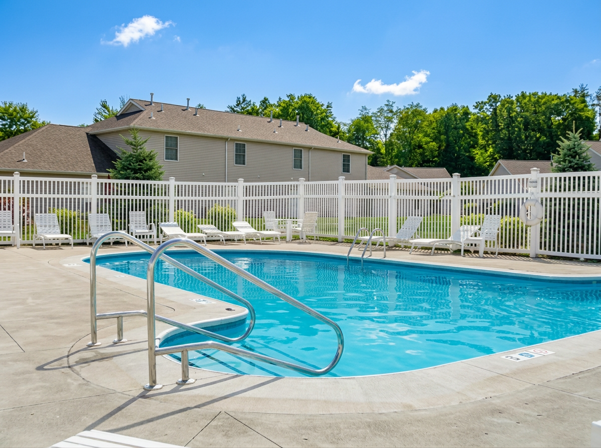 Outdoor swimming pool with white fence, metal handrail, and apartment buildings under a blue sky.
