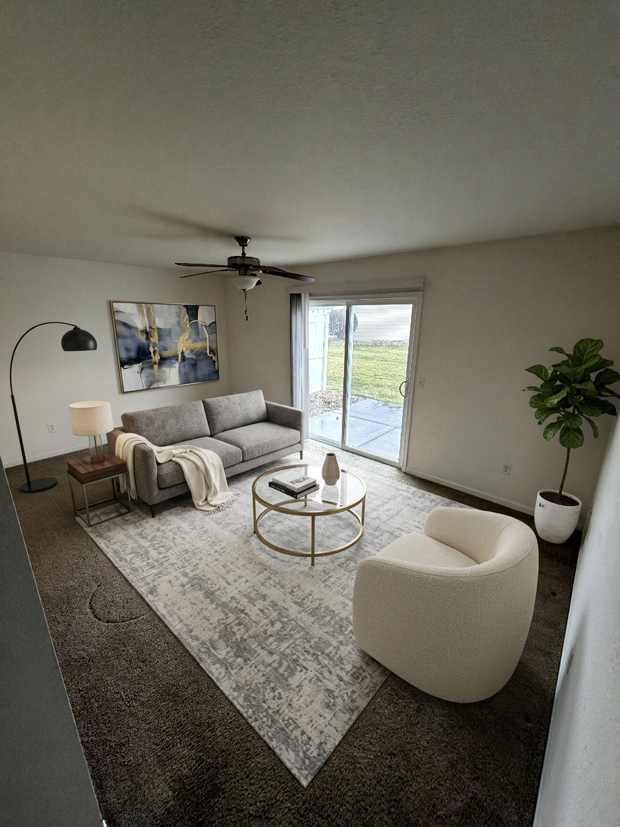 Bright living room with gray sofa, round coffee table, white chair, rug, lamp, wall art, and patio door.