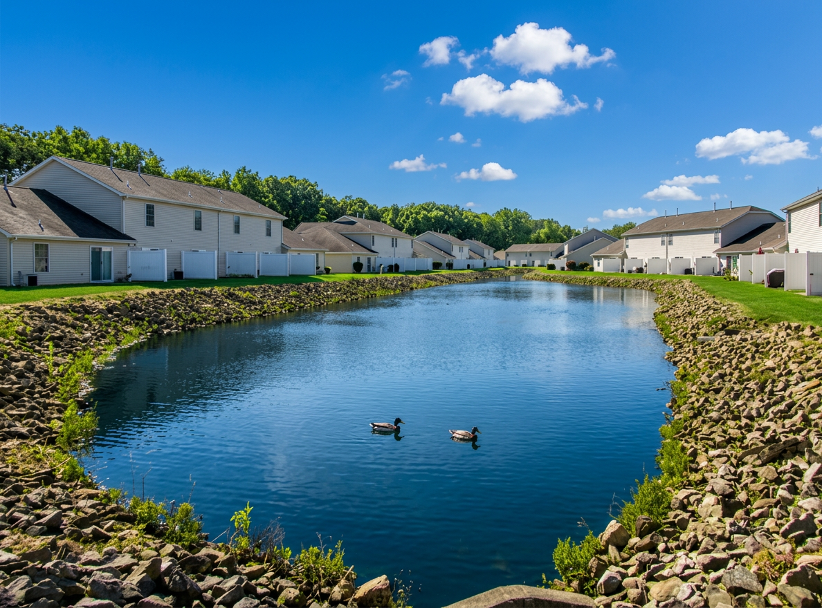 Suburban pond with two ducks, stone edging, and houses under a blue sky