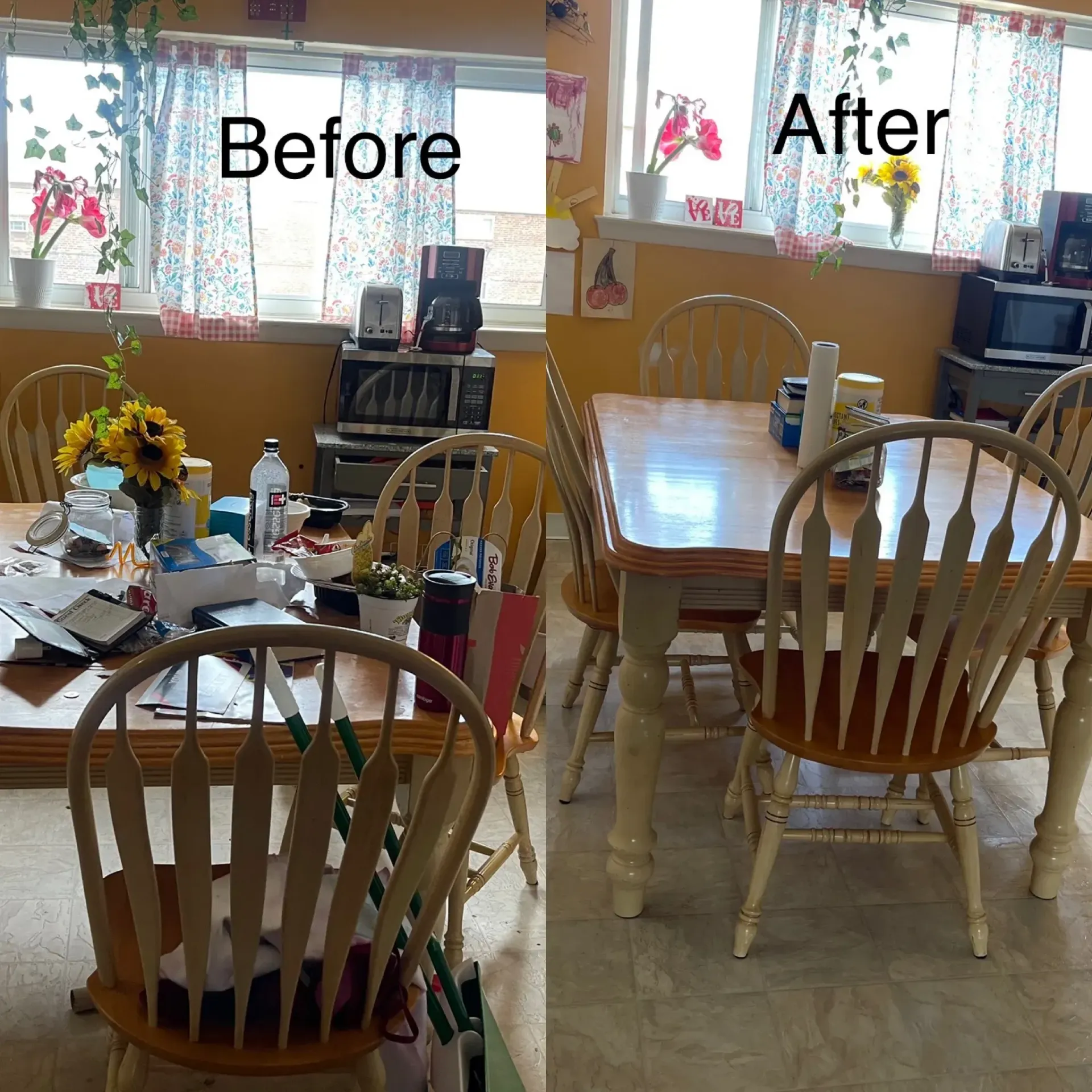 A before and after photo of a dining room table and chairs