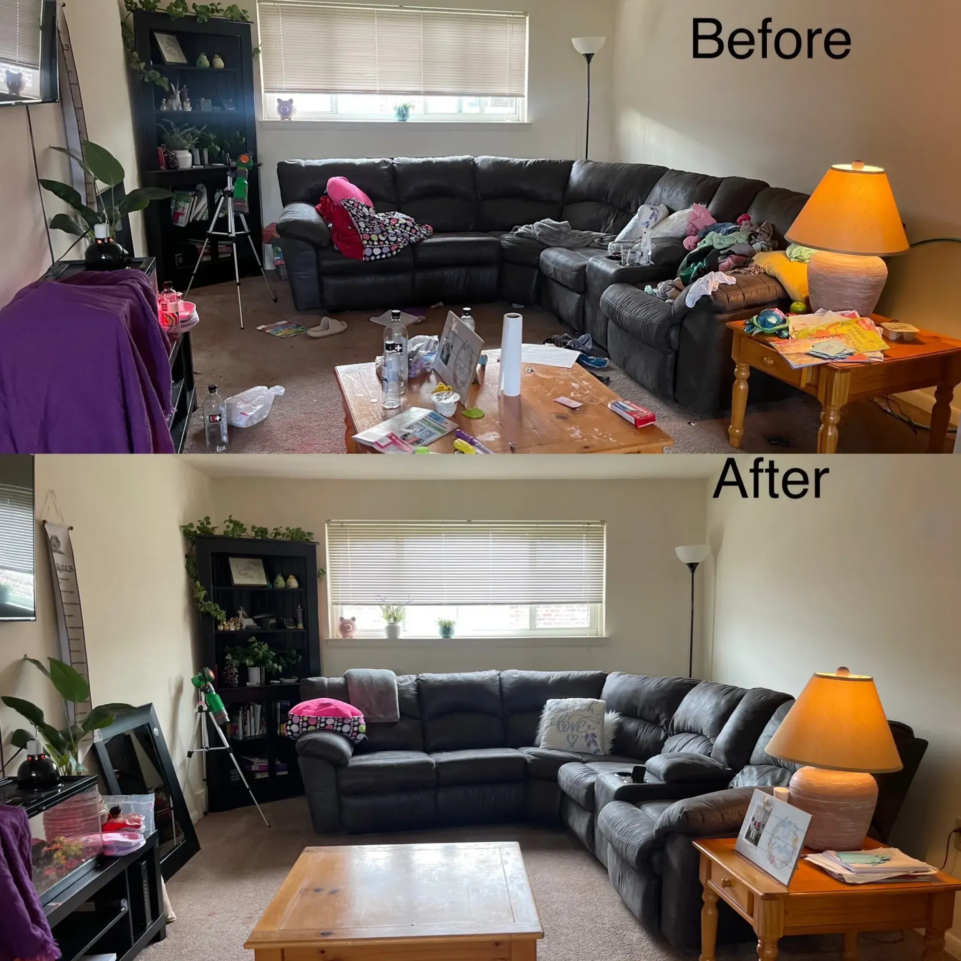 A before and after photo of a living room