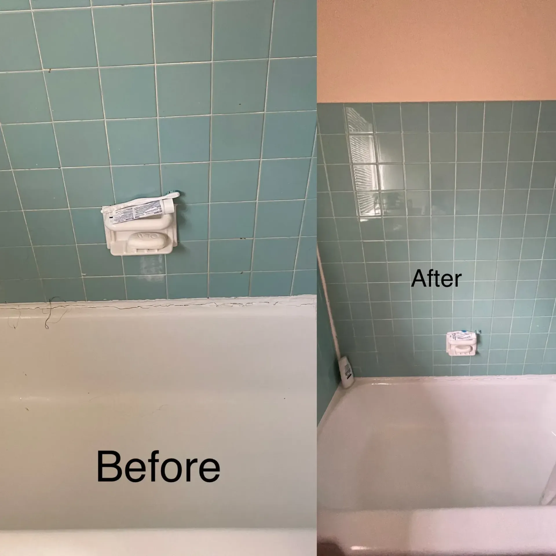 A before and after picture of a bathroom with green tiles