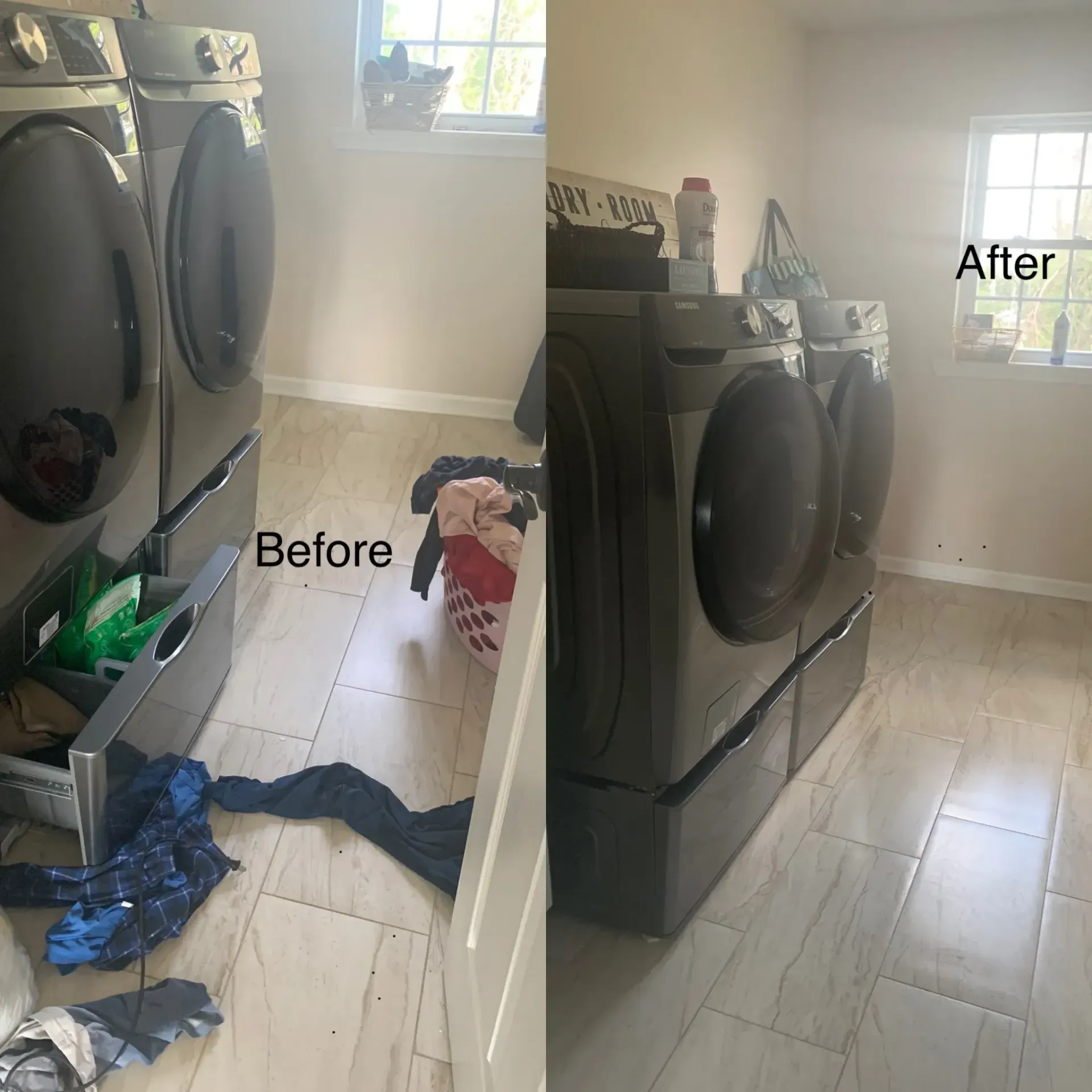 A before and after photo of a laundry room with a washer and dryer.