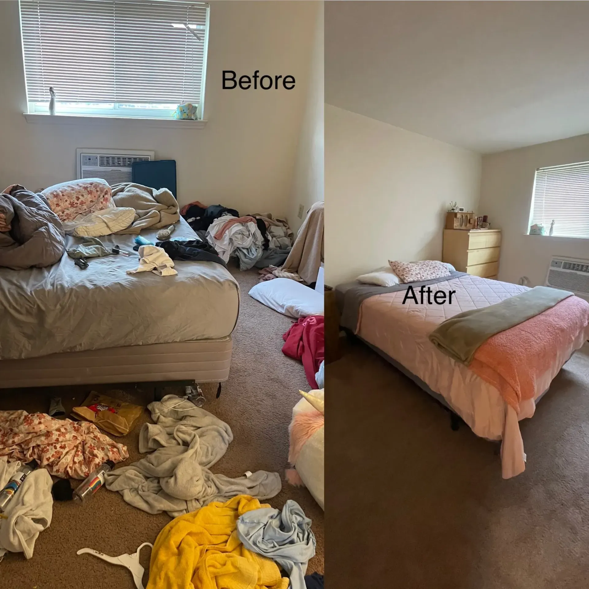 A before and after photo of a bedroom with a bed